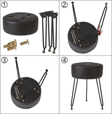 Круглий стілець-підніжка IBUYKE зі штучної шкіри, бічний столик для макіяжу, сидіння для туалетного столика з ПУ, пуф-табурет, золотисті сталеві ніжки, чорний колір L/G-31B PU чорний