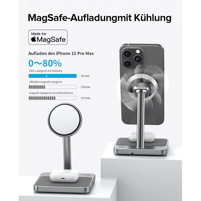 Зарядний пристрій ZIKE 2-в-1 з MagSafe, бездротова зарядна підставка для iPhone 15 Вт з охолодженням, швидка зарядка з охолодження