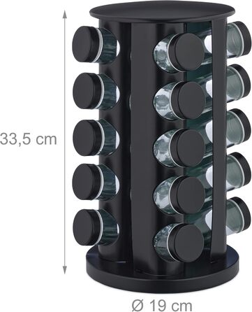 Карусель для спецій Relaxdays з 20 баночками для спецій, включаючи вставку-шейкер, обертова, багаторазова підставка для спецій для кухні, чорна