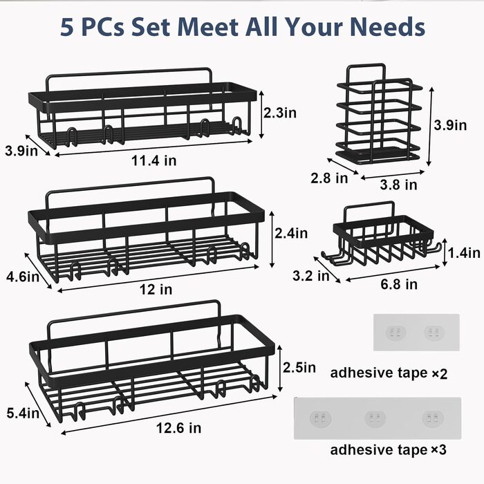Душова полиця Liuoud, 5 шт. , органайзер для душу, самоклеюча душова полиця для внутрішнього душу з великою місткістю, міцна душова полиця для ванної кімнати з нержавіючої сталі, чорна