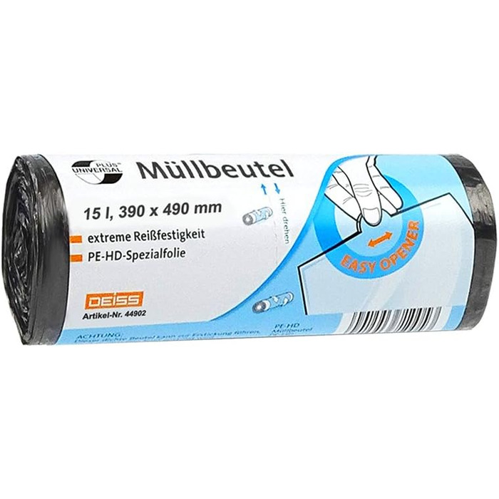 Набір з 10 предметів DEISS 44902 - UNIVERSAL PLUS - 15-літрові пакети для сміття СІРІ - 50 шт. у рулоні/Перероблений ПНД/Emil Deiss/Сміттєві пакети