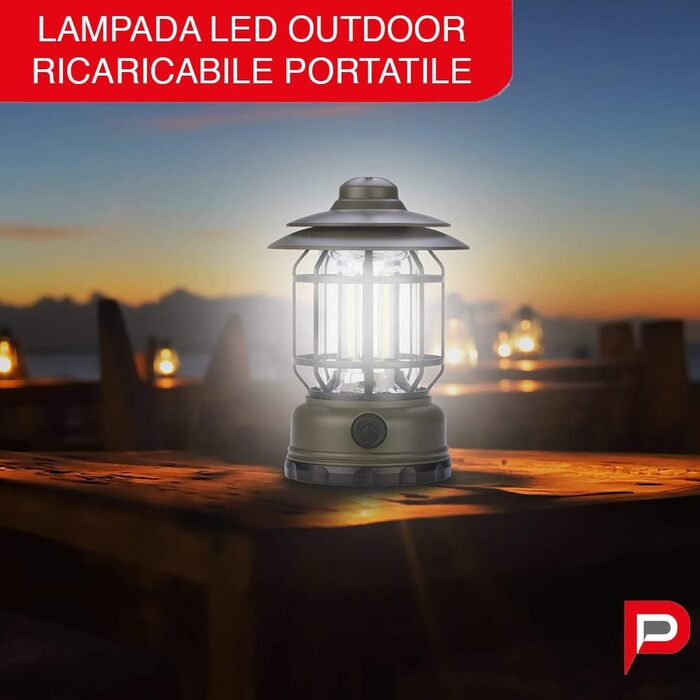 Акумуляторний світлодіодний вуличний ліхтар, ретро-дизайн - Багатоцільовий кемпінговий ліхтар, 300 лм, з регульованою яскравістю - Портативний аварійний ліхтар з гачком для намету - Світлодіодний ліхтар, виготовлений в Італії, 3115