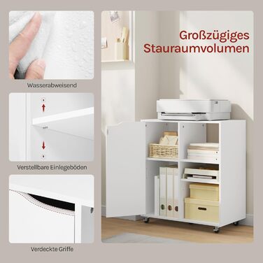 Шафа для документів WOLTU з колесами, стіл для принтера з 3 відкритими відділеннями, 1 дверцята, регульовані полиці, для дому та офісу, 60x70x35 см, білий