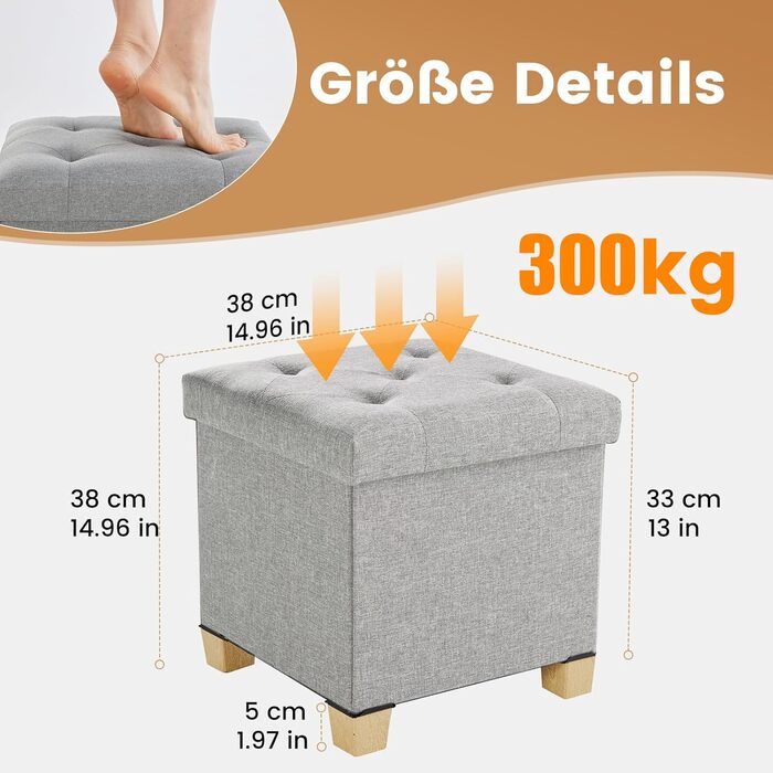 Пуф для зберігання Sweetcrispy, невелика складна лавка, 38 x 38 x 38 см, коробка для зберігання з кришкою як табурет та пуф для ніг, вантажопідйомність до 300 кг, для вітальні, спальні, коридору, світло-сірий