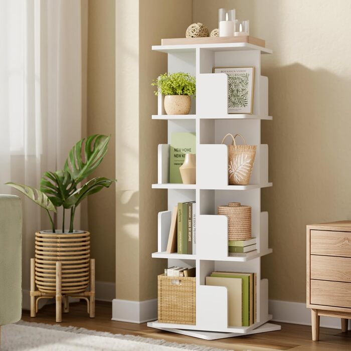 Обертова книжкова полиця EUGAD, кімнатна перегородка, полиця на місці, обертова полиця, офісна полиця, декоративна полиця, вільно обертається на 360 з 4 полицями для спальні, офісу, МДФ, білий, 39,5 x 128 x 39,5 см, 4 полиці (39,5 Ш x 128 В x 39,5 Г см), 