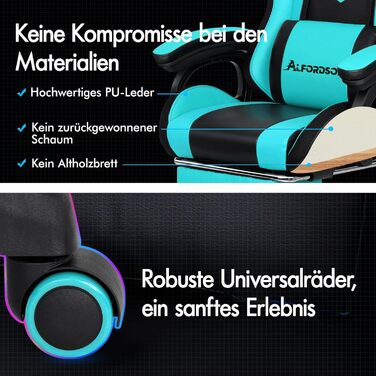 Ігрове крісло ALFORDSON, світлодіодне гоночне ігрове крісло з 12-кольоровим RGB-підсвічуванням, масажне ігрове крісло з поперековою опорою, підставкою для ніг, матеріал PU, блакитний колір Marc - серія Cyan Marc