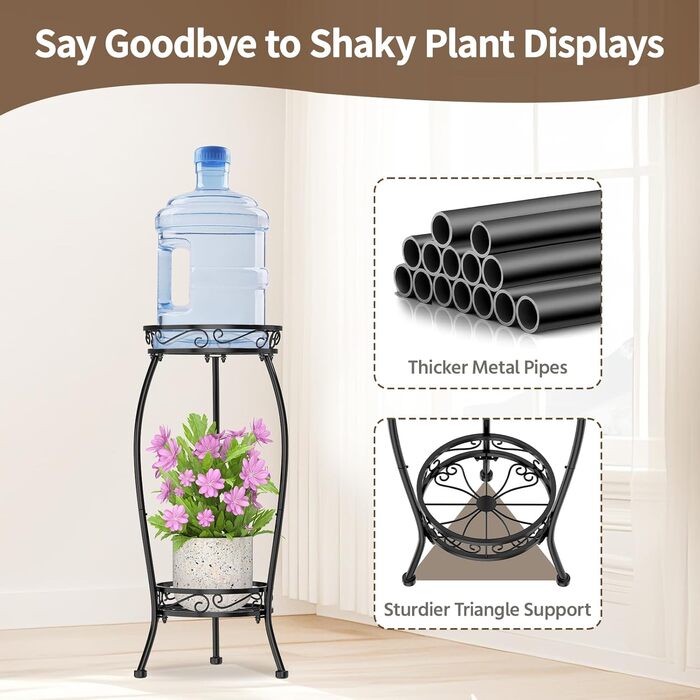 Дворівнева підставка для рослин чорного кольору для використання в приміщенні та на вулиці, для великих, високих квіткових горщиків на терасі, міцна вертикальна металева полиця для вузьких кутів підлоги, стабільний тримач-органайзер, чорний відтінок