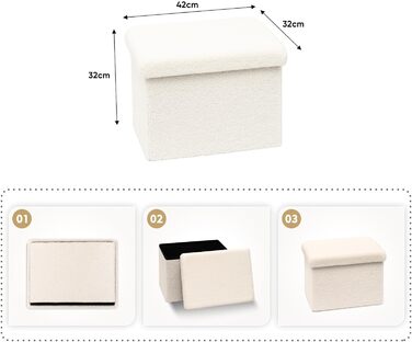 Пуф для зберігання Bonlife, складне кубічне сидіння з кришкою, флісова скриня-підніжка, білий колір, 42x32x32 см (42 Г x 32 Ш x 32 В см)