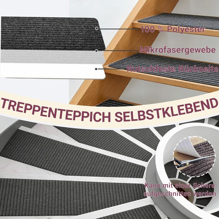 Килимків для сходів, нековзні килимові сходинки, самоклеючі килимки для сходів для приміщень, самоклеючий килимок для сходів, що ріжеться, килимок для сходів для дітей та людей похилого віку (кремовий), 15