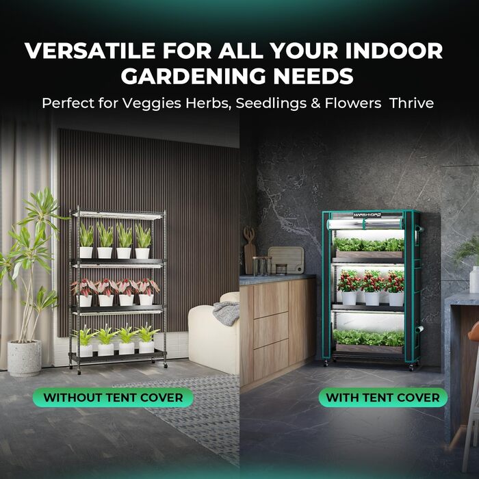 Підставка для рослин MARS HYDRO 2025 з лампами для вирощування, 4-рівнева полиця для рослин з 6 світлодіодними лампами повного спектру (54 Вт, 12 дюймів) та міні-теплиця для вирощування овочів, розсади, рослин, 5000K, 16x12x47 дюймів, розмір - 4030120 см