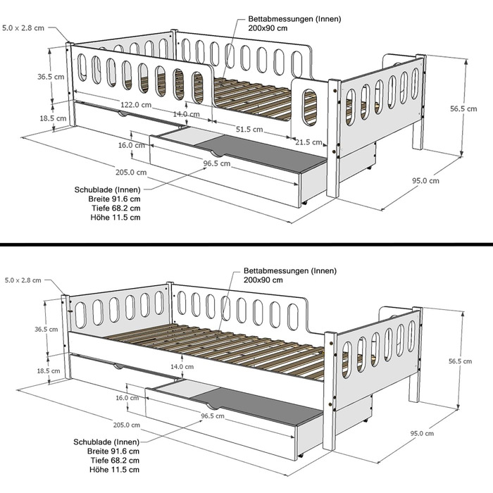 Дитяче/підліткове ліжко CADANI LARS 200x90 см Біле, дві шухляди, знімні поручні безпеки, трансформується в дитяче ліжко 90 x 200 см Біле - з шухлядою - матрац не входить до комплекту