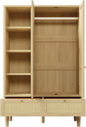 Шафа з 2 дверима та плетінням з ротанга в сільському стилі, під дуб, відкрита полиця, полиці, вішалки для одягу, 2 шухляди, пристрій проти перекидання (180x120x50 см) 180x120x50 см