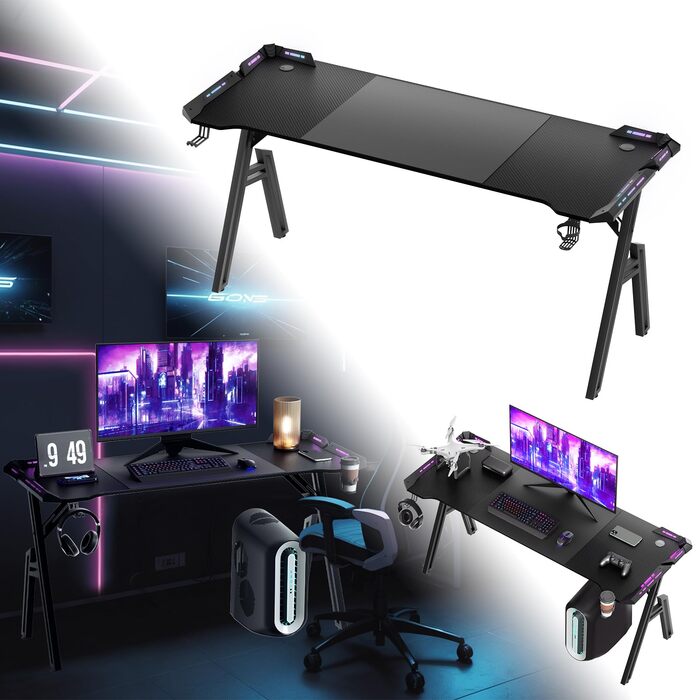Ігровий стіл 160 x 60 см, ігровий стіл, комп&39ютерний стіл у формі літери А з RGB-світлодіодним підсвічуванням, карбонова поверхня, ергономічний кутовий стіл з підставкою для чашок та гачком для навушників, 160 x 60 см