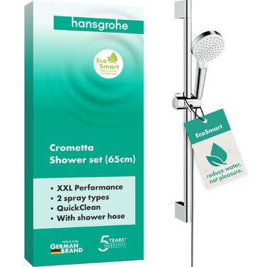 Душовий набір Hansgrohe Crometta водозаощаджувальний комплект з душовою штангою (65 см), лійкою (2 режими струменя), тримачем та шлангом (160 см), білий/хром