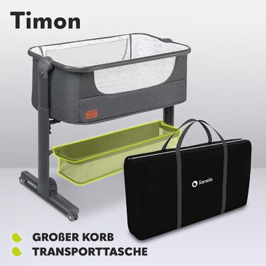 Дитяче ліжечко Lionelo Timon для подорожей, підходить для дітей від народження до 9 кг, з 6-рівневою функцією нахилу, зсувною бічною панеллю, сумкою для перенесення, складною, сірого кольору