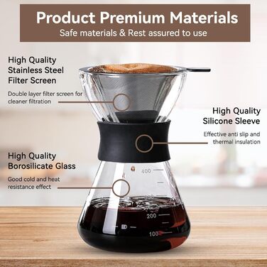 Крапельниця для кавоварки 400 мл, перелийте кавоварку, залийте кавоварку, ручний фільтр для кави з нержавіючої сталі зі скла з постійним фільтром