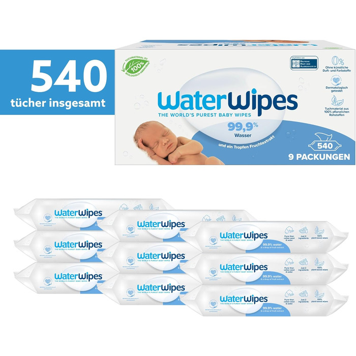 Оригінальні очищувальні серветки WaterWipes Plastic Free для немовлят, 720 шт. (12 упаковок), 99,9 очищувальні серветки на водній основі, без запаху для чутливої шкіри (540 шт. (1 упаковка))