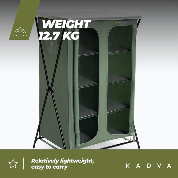 Кемпінгова шафа CAMPShelf 24, розміри 66,5 x 90 x 139 см. Кемпінгова шафа виготовлена з міцного матеріалу. Легка та стійка конструкція. Легко збирається та транспортується. Колір зелений.