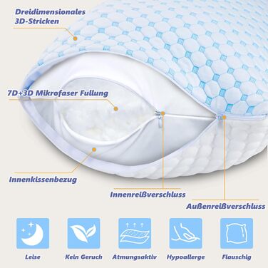 Подушка 40x80 - Подушка з мікрофібри, м&39яка та дихаюча для алергіків, регульована висота, підходить для сну на боці, животі та спині, ергономічна подушка від болю в шиї, 40x80 см, небесно-блакитний, 1