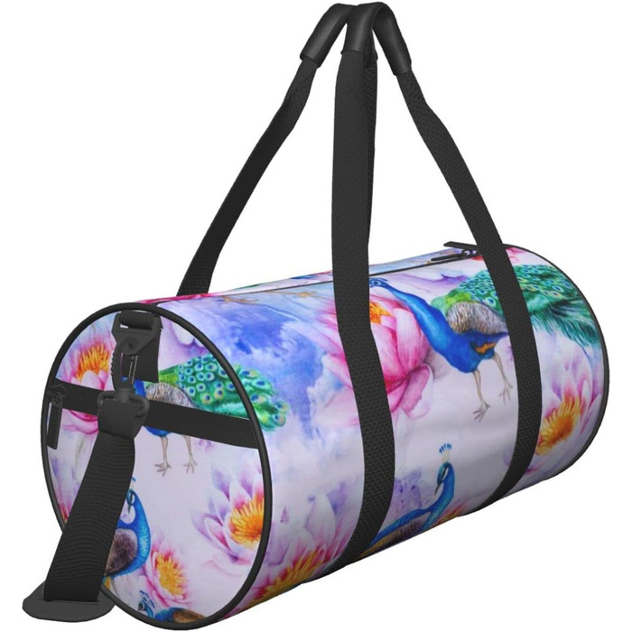 Спортивна сумка для подорожей, стильна з принтом павича та лотоса, дорожня сумка на ніч, чорна, універсальний розмір