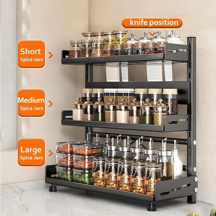 Стійка для спецій Devesanter, стояча, 3 яруси, велика місткість для зберігання, кухонна полиця, регульована по висоті металева підставка для спецій, кухонна полиця, стояча для зберігання на стільниці, чорна