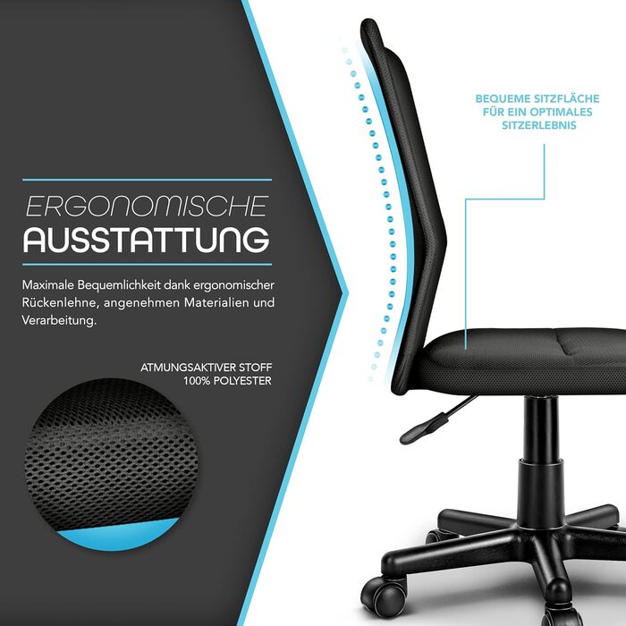 Офісний стілець TRESKO, стілець для роботи, обертовий стілець, доступний у 7 кольорах, з плавно хідними пластиковими колесами, плавне регулювання висоти, м&39яке сидіння, підйомний механізм, протестований SGS (чорний) Без підлокітників, чорний