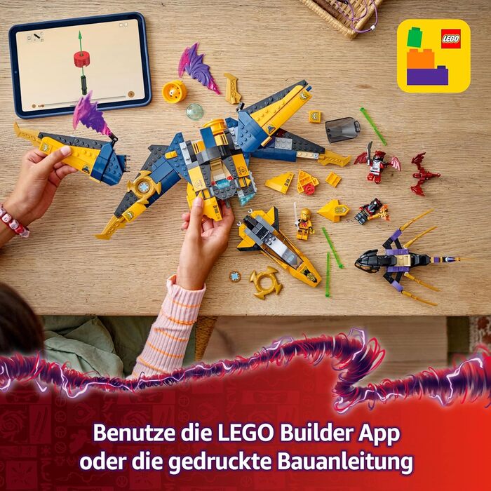 Суперштормовий літальний апарат Ра та Арін - Іграшка з дроном, шутерами, лезами та двигунами - Включає 3 мініфігурки для рольової гри ніндзя - Конструктор для хлопчиків та дівчаток віком від 8 років 71833