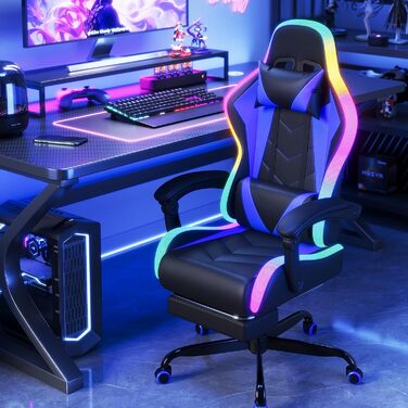 Ігрове крісло JUMMICO зі світлодіодним освітленням, круте гоночне ігрове крісло, ергономічне офісне крісло з функцією масажу, регульована спинка 90-135, з телескопічною підставкою для ніг, ігрове крісло вантажопідйомністю 150 кг, синє