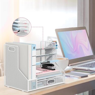 Органайзер для робочого столу з тримачами для файлів, 5-ярусний сітчастий лоток для паперу з тримачем для ручок та шухлядою для канцелярського приладдя, білий