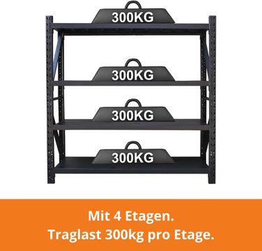 Надміцний стелаж/Стелаж для шин 200x60x200 см Вантажопідйомність 300 кг на полицю Металевий стелаж для зберігання Стелаж для підвалу/гаража 4 знімні полиці, чорний