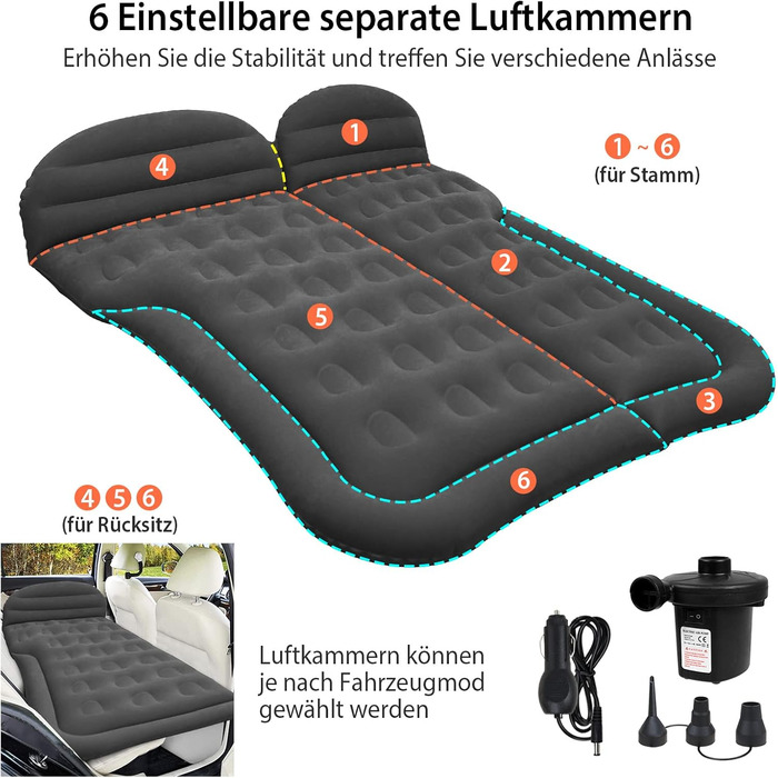 Надувний матрац для автомобіля, позашляховик, надувний матрац з насосом, MPV, надувний матрац, кемпінг, автомобільна подушка, товстіший надувний матрац для заднього сидіння з двома подушками для кемпінгу, подорожей, двору, пляжу, чорного кольору