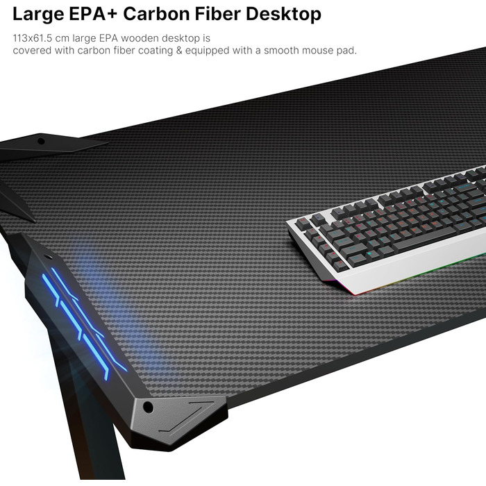 Ігровий стіл EUREKA ERGONOMIC 114 64 см зі світлодіодним підсвічуванням, ігровий стіл для ПК з вуглецевим волокном, гачком для навушників, тримачем для напоїв для офісу, секретаря