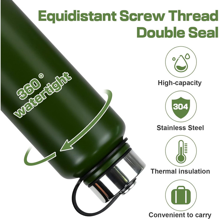 Термос MIGHTYDUTY з нержавіючої сталі об&39ємом 1,5 л, зберігає воду гарячою або холодною протягом 6-24 годин, велика місткість, герметичний, ідеально підходить для кави та чаю, спорту на свіжому повітрі, школи, офісу (зелений)