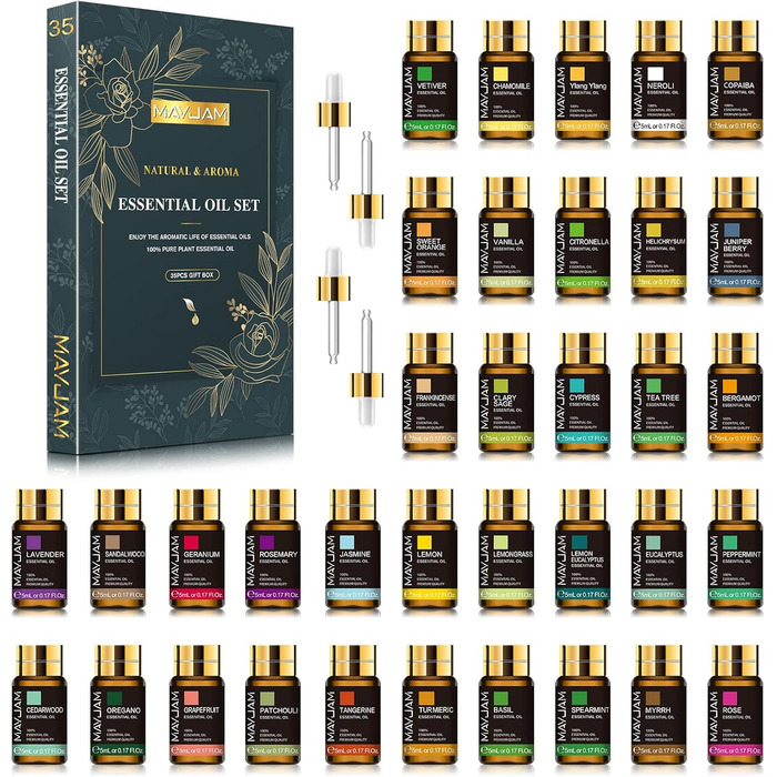 Набір ефірних олій MAYJAM 35 x 5 мл, подарунковий набір ефірних олій для ароматерапевтичного дифузора, натуральна чиста ефірна олія лаванди, евкаліпта, ванілі, троянди, чайного дерева