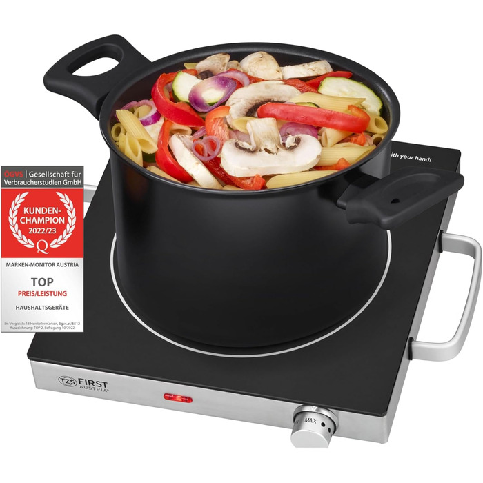 Перша інфрачервона керамічна плита TZS в Австрії ВСІ види горщиків Одинарна конфорка 17,5см Варильна поверхня для переїзду, кемпінгу, будинку для відпочинку - швидке нагрівання та плавне регулювання - один світловий індикатор з чорними ручками