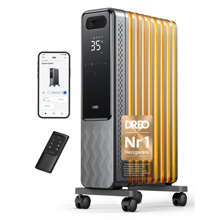 Енергозберігаючий масляний радіатор Dreo 2000 Вт, портативний електричний обігрівач з 9 ребрами, пульт дистанційного керування, 3 налаштування нагріву, 4 режими, 24-годинний таймер, захист від перегріву та перекидання, електричний радіатор з термостатом, 