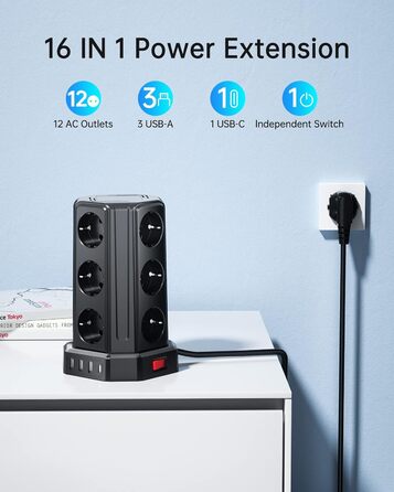 Шляхова розетка на 4000 Вт 16 А з подовжувачем 5 м, 3 розетки USB A і 1 розетка USB C із захистом від перенапруги, розетка для дом