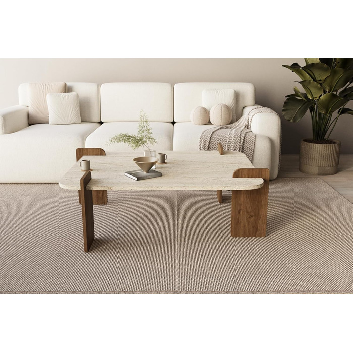 Травертин Коричневий Журнальний столик, Сучасний диванний столик, Дерев&39яний стіл для вітальні з полицями та місцем для зберігання з дверцятами, Дизайн 93335 Бежевий, 17 Brilliance