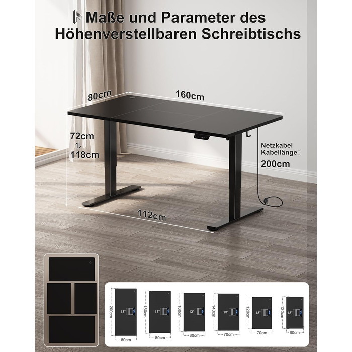 Стіл Homall з регульованою висотою 160x80 см з портом зарядки USB-A, електричний стіл з лотком для кабелів, стіл для роботи стоячи з 3 функціями пам&39яті, комп&39ютерний стіл чорного кольору 160x80см чорний