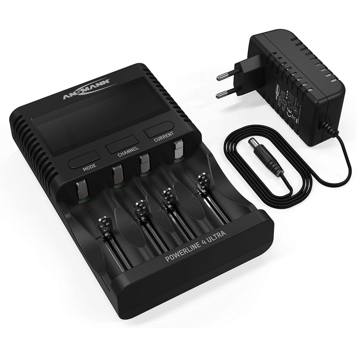 Зарядний пристрій ANSMANN Powerline 4 Ultra для акумуляторів AA/AAA/C/D NiMH та круглих літій-іонних елементів 18650/26650 з 4 програмами заряджання, включаючи 8 акумуляторів NiMH AA2850, швидкий зарядний пристрій Powerline 4 Ultra з 8 акумуляторами AA285