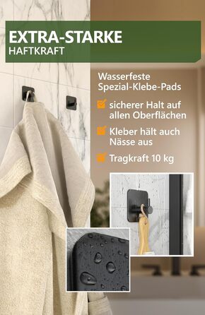 Рушникосушка 4smile без свердління, комплект з 6 шт. - Чорні гачки для рушників у ванній кімнаті як практичні клейкі гачки - Висок