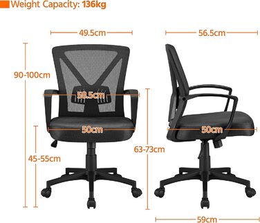 Офісне крісло Yaheetech, стілець для столу, обертове крісло з сіткою, ергономічне крісло для домашнього офісу, комп&39ютерне крісло з регульованою висотою та спинкою, м&39яке сидіння, для навчання/офісу, чорне