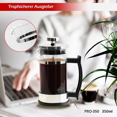 Кавоварка френч-прес 0,35 л на 2 чашки (також 0,6 л), скляний прес для кави, чайник і кавоварка маленька, в т.ч. кавова ложка з нержавіючої сталі та подарункова коробка, хром, 43