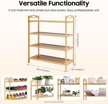 Бамбукова полиця для взуття, 4 яруси, місце для зберігання взуття, взуттєва шафа, окремостояча полиця, полиця для ванної кімнати, кухонна полиця, дерев&39яна полиця з ручкою для кухні, балкону, коридору та офісу, 60x25x67 см