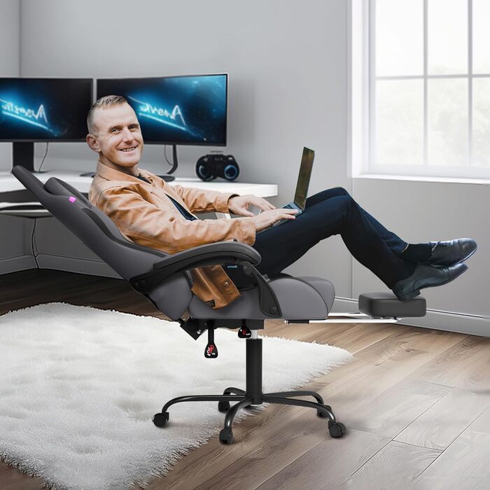 Ергономічне ігрове крісло UISEBRT з масажем та підставкою для ніг, зручне ігрове крісло, регульована спинка, підголівник та масажна поперекова подушка - сірий, чорний та фіолетовий