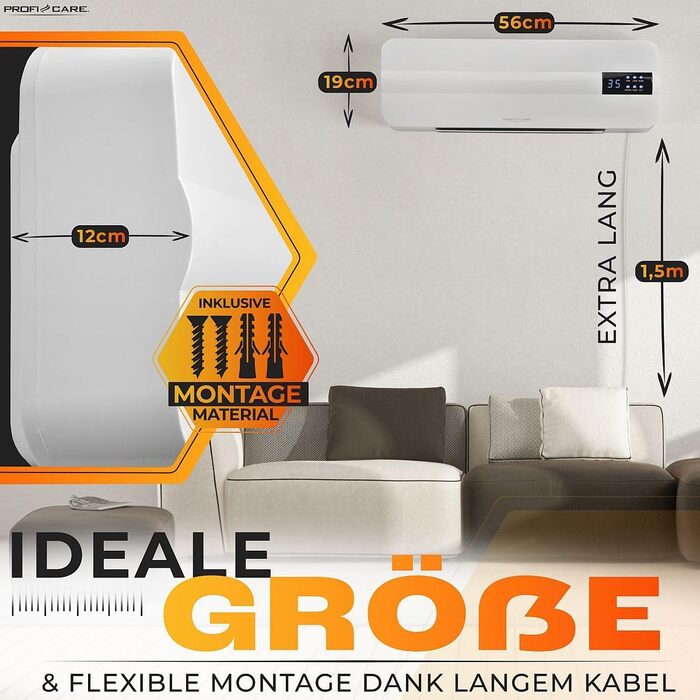 Настінний вентилятор-обігрівач ProfiCare з датчиком відкритого вікна Обігрівач площею до 60 кв. м Електричний настінний обігрівач, включаючи монтажні елементи Обігрівач з кабелем 1,5 м, пультом дистанційного керування та таймером PC HL 3116