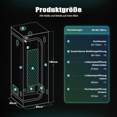 См, Гроубокс з міцним та водонепроникним зовнішнім шаром 1680D, високовідбиваюче алюмінієве внутрішнє покриття, Гроутент з великим оглядовим вікном та піддоном, A06 (Чорний) 60 см (Ш) x 60 см (Г) x 180 см (В), 60x60x180