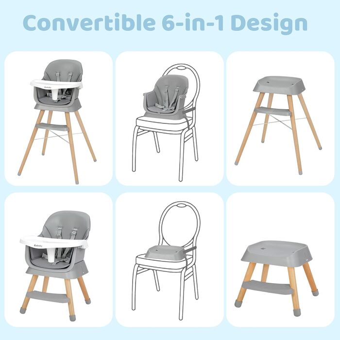 Стільчик для годування Ezebaby дитячий 6 в 1 бустерний стільчик, багатофункціональний стільчик для годування, дерев'яні ніжки, з 5