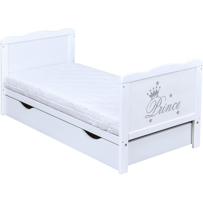 Дитяче ліжечко 60x120, розкладне дитяче ліжко, юніорське ліжко Prince White з шухлядою та матрацом