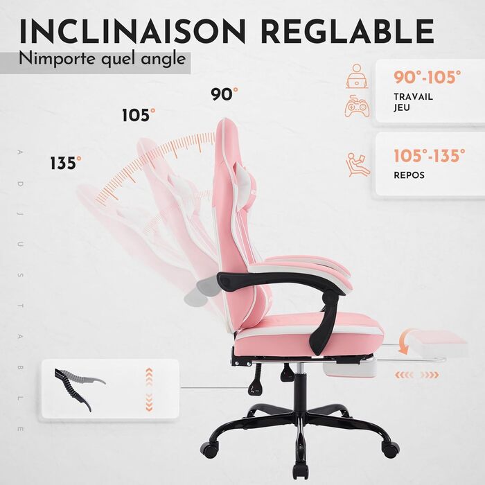 Ігрове крісло, Ігрове крісло, Ергономічне ігрове крісло з підставкою для ніг, Ергономічне офісне крісло з поперековою опорою, Регульована спинка 90-135, Рожевий/Білий